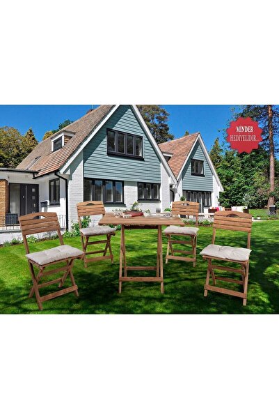 BarışAhşap Ahşap Masa Sandalye 5’li Set Minderli Katlanabilir