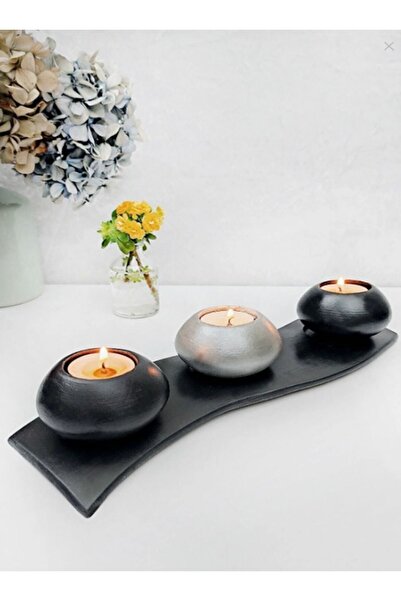 BLANJ 4 Parça Siyah Tabaklı Gümüş & Siyah - Gümüş Beton Mumluk