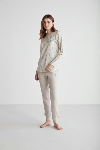 U.S. Polo Assn. Η.Π.Α. Polo Assn. 16978 Σετ γυναικείες πιτζάμες Beige Melange - Στρογγυλή λαιμόκοψη, μακρυμάνικο