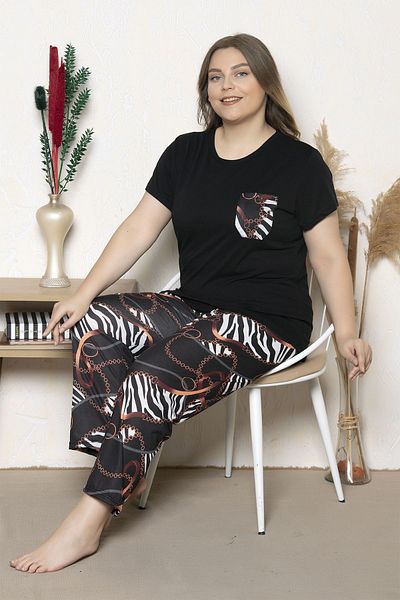 MyBen Plus Size Black Colored Chain Patterned Short Sleeve Oversize Pajamas Set B-25