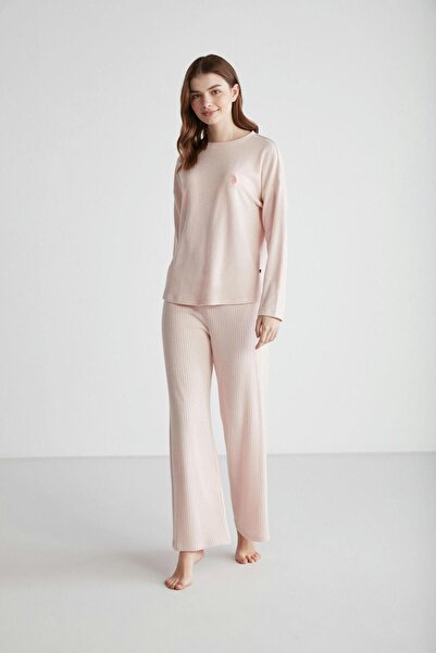 U.S. Polo Assn. Kadın Uzun Kol Yuvarlak Yaka Pembe Melanj Pijama Takımı C1T6N9O54