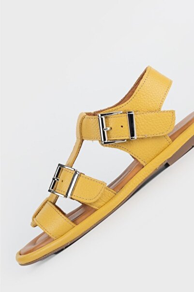 TUNAELLİ Women's Yellow Genuine Natural Leather Flat Sandals