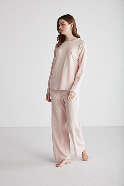 U.S. Polo Assn. Kadın Uzun Kol Yuvarlak Yaka Pembe Melanj Pijama Takımı C1T6N9O54