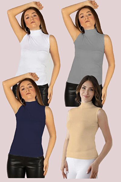 nacar çarşı Kadın Sıfır Kol Yarım Balıkçı Likralı Esnek Badi 4lü Body (4 Adet) Beyaz Gri Lacivert Bej