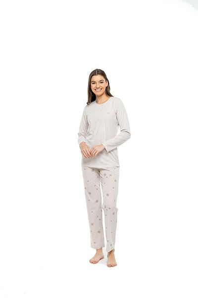 Mod Collection - Women's Beige Melange Round Collar Pajama Set
