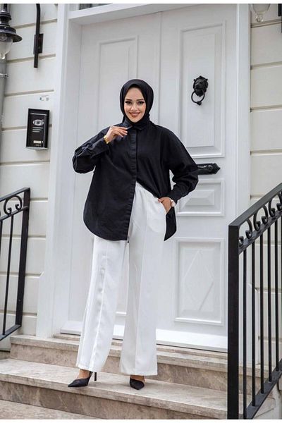 Tesettür Diyarı White Women's Crepe Trousers - Dumbbell Striped
