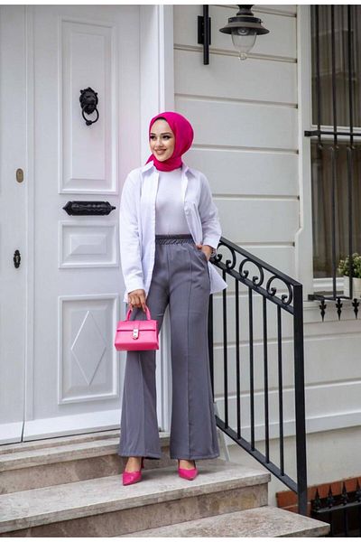 Tesettür Diyarı Gray Women's Crepe Trousers - Dumbbell Striped