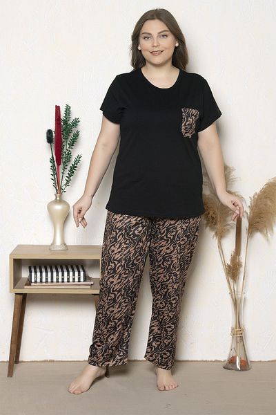 MyBen Plus Size Black Colored Patterned Short Sleeve Oversize Pajamas Set B-14