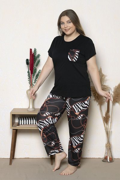 MyBen Plus Size Black Colored Chain Patterned Short Sleeve Oversize Pajamas Set B-25