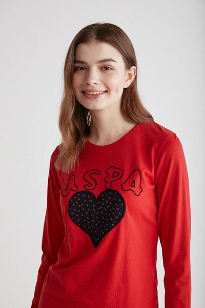 U.S. Polo Assn. 16967 Women's Red Round Neck Long Sleeve Pajamas Set