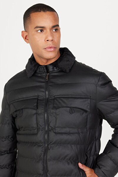 AC&Co / Altınyıldız Classics Pánský černý vzorovaný kabát s límečkem ve standardním střihu v normálním střihu