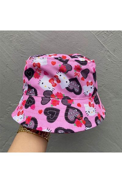 Köstebek Pink Hello Kitty Flower And Heart Collage Children's Bucket Hat