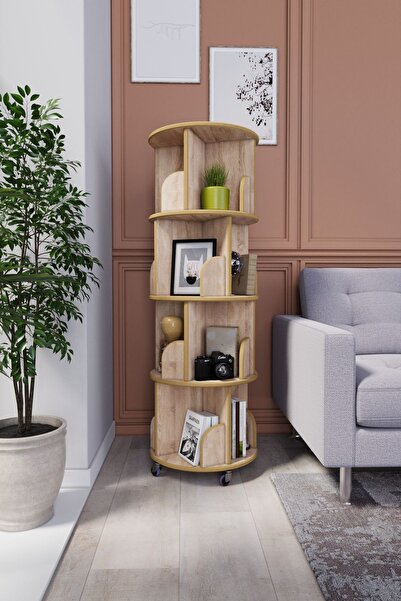 zeo wood design 360° Mdflam Dekoratif Döner Kitaplık - 133x45 Cm  - Sonoma