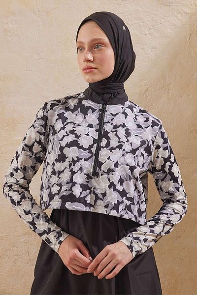 Manuka Bloom 3-teiliges schwarzes Fallschirm-Hijab-Set