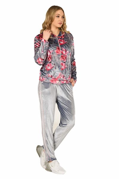 Jiber Women's Velvet Hooded Patterned Pajamas Set Jbr-3902