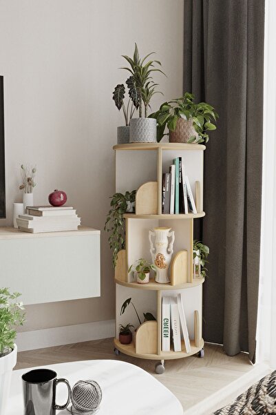 zeo wood design 360° Mdflam Dekoratif Döner Kitaplık - Beyaz /safir Meşe - 10...