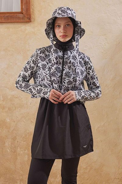 Manuka 3-teiliger floraler Ecru-Hijab-Badeanzug - Fallschirmstoff