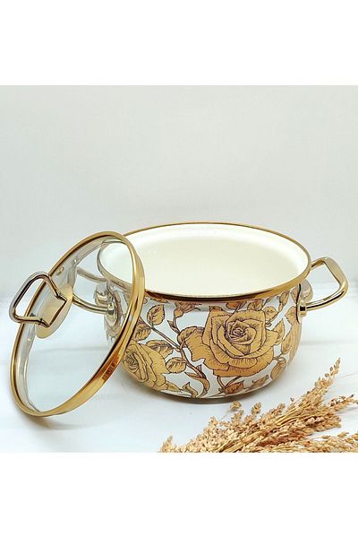 EBRULİEMAYE 2 Liter 18 Cm Luxury Pot - Yellow Rose Enamel, Milk Yogurt and Soup Decorative Pot