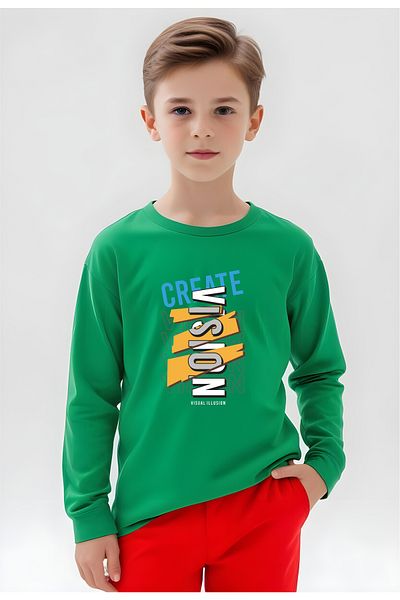 panios kids Зелен суитшърт с щампа Create Vision за момче с кръгло деколте