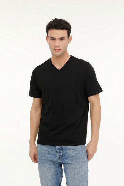 Kinetix Tricou negru pentru bărbați cu decolteu în V - ocazional, nescris