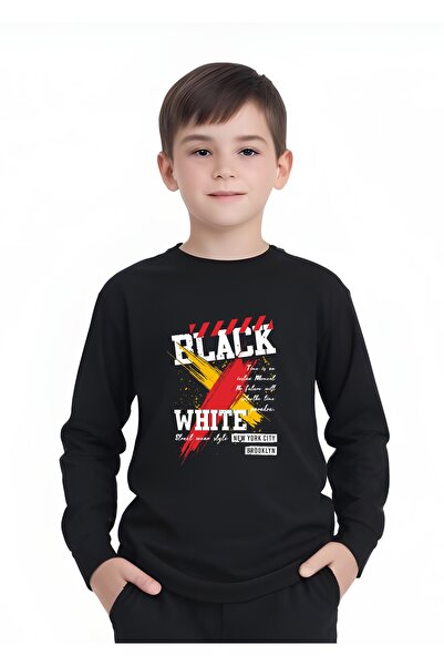 panios kids Hanorac negru cu gât rotund pentru băiat cu imprimeu alb