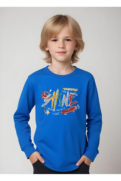 panios kids Син суитшърт с бляскав принт за момче с кръгло деколте