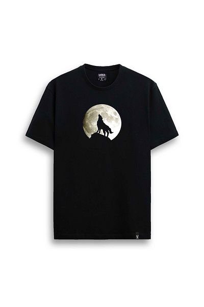 Darkia Tricou negru cu imprimeu cu lup gri - Tricou cu gât crew