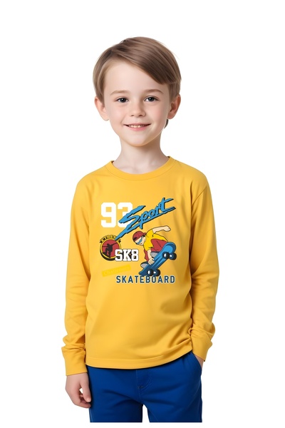 panios kids 93 Hanorac galben cu gât rotund cu imprimeu sport pentru băieți