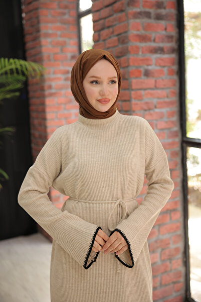 Nissra Ankanoor Beige Hijab Raglan Πλεκτό Φόρεμα με Ζώνη Anka 257001