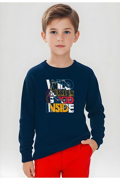panios kids Тъмносин суитшърт с кръгло деколте и щампа Wild Outside Good Inside за момче