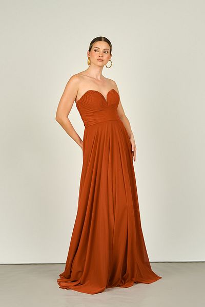 ŞEREF VURAL Strapless Brick Color Long Women's Evening Dress5437021