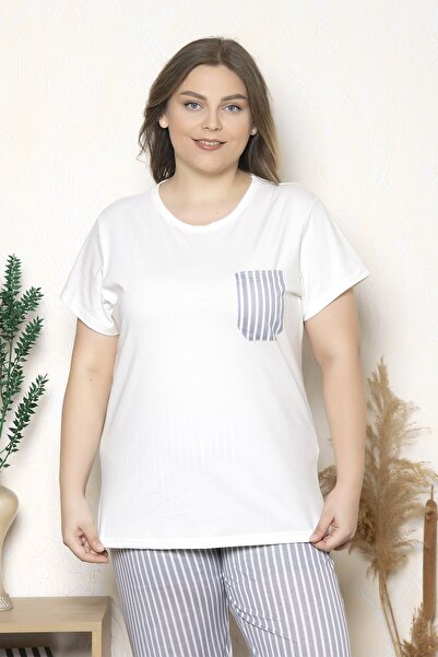 MyBen Large Size Gray Striped Short Sleeve Oversize Pajamas Set B-22