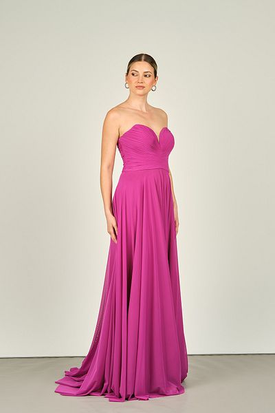 ŞEREF VURAL Fuchsia Strapless Long Women's Evening Dress -5437021