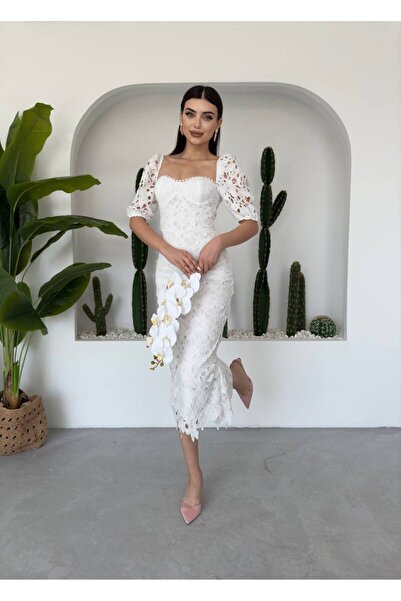 conconmoda Kadın Beyaz Tasarım Dantel Elbise