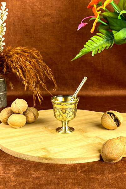 Tiesa Home Minyatür 40ML Desenli Döküm Pirinç Sarı Tokmak Havan Sarımsak Ezici 6cm