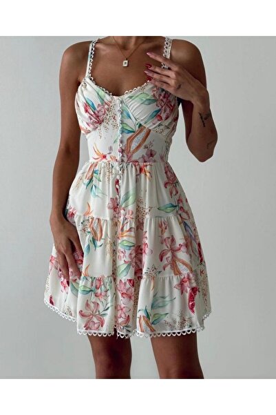 FAVORİ PERİ KADIN ÇİÇEK DESENLİ SIRTI FULL GİPELİ DANTEL DETAYLI ASTARLI MİNİ...