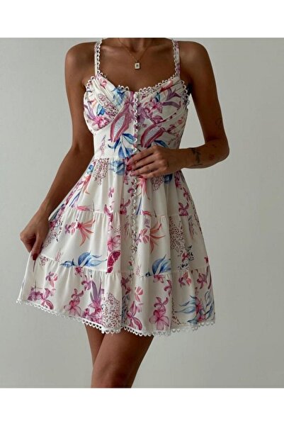 FAVORİ PERİ KADIN ÇİÇEK DESENLİ SIRTI FULL GİPELİ DANTEL DETAYLI ASTARLI MİNİ...