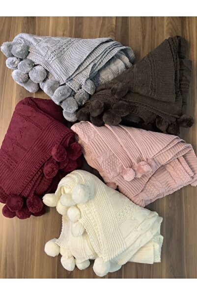 BALADI HOME Knitwear TV-Knee Blanket 130x170 cm - Pompom for Shawl and Sofa