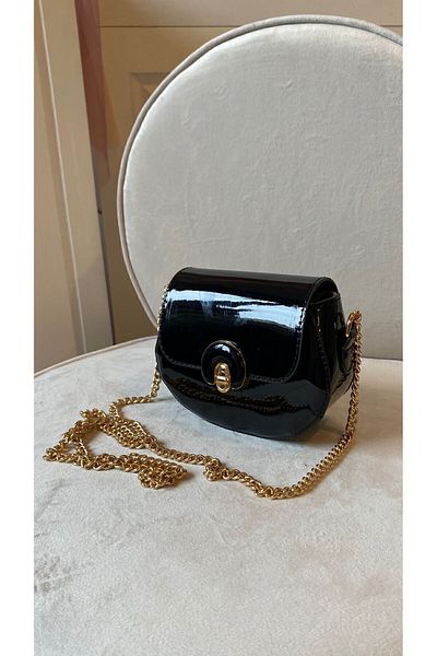 Mercan Stores Women's Black Mini Shiny Patent Leather Accessory Chain Shoulder Strap Buckle Coin Bag