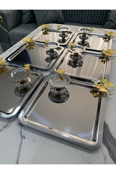 NEWTREND Züccaciye 2 Different Models - Silver 6-Piece Steel Square Presentation Tray and Butterfly Macaron Holder