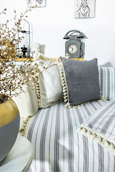 NDC HOME Gri Çizgili Otantik Keten Koltuk Örtüsü