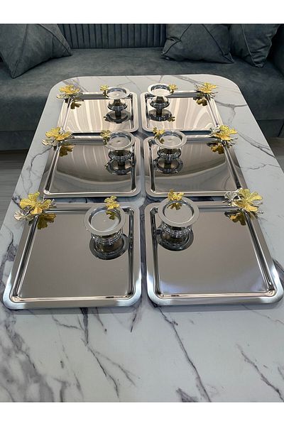 NEWTREND Züccaciye 2 Different Models - Silver 6-Piece Steel Square Presentation Tray and Butterfly Macaron Holder