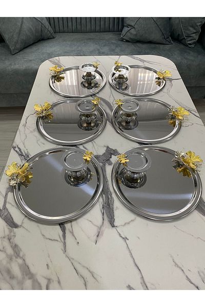 NEWTREND Züccaciye Gold Butterfly Steel Round Presentation Tray and Butterfly Macaron Holder - 2 Different Models