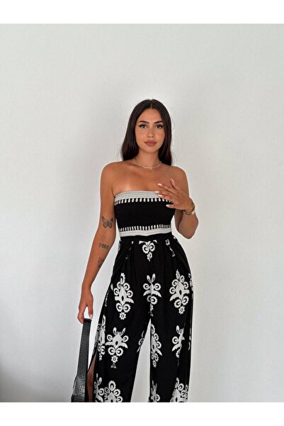 Genel Markalar Kadın Straplez  Etnik Desenli Siyah Beyaz Tulum