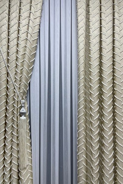 Cortibo Harmony Series Cream Background Tasseled Curtain - Pleated Free