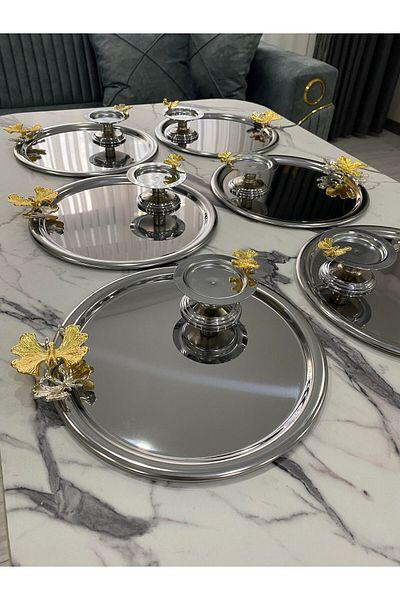 NEWTREND Züccaciye Gold Butterfly Steel Round Presentation Tray and Butterfly Macaron Holder - 2 Different Models