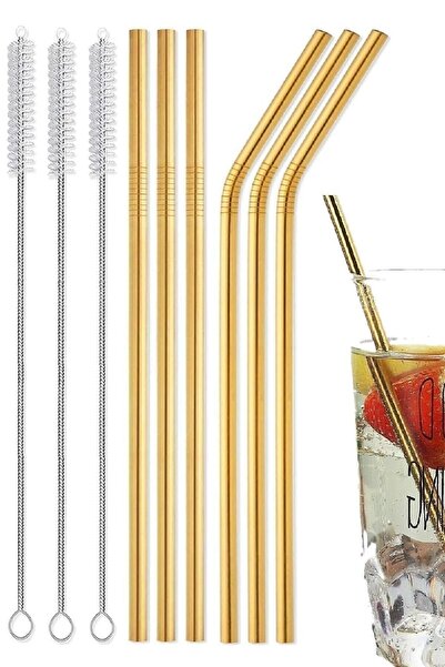 Tilbe Home 9 Parça Gold Metal Pipet Paslanmaz Çelik Meşrubat Pipeti Çubuk Pip...