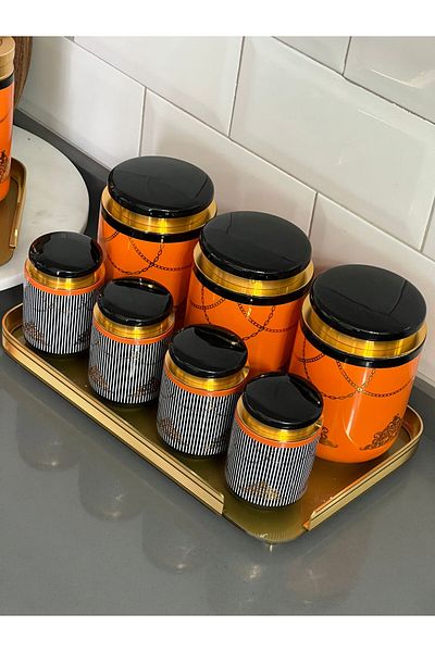 ACAR Orange Porcelain 8 Pieces - Spice, Jar and Kitchen Set with Tray