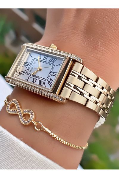 Homies Gold Colored Waterproof Women's Wristwatch and Bracelet Gift