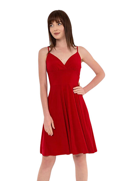 Laranor Red Adjustable Strap Low-cut Collar Flared Dress